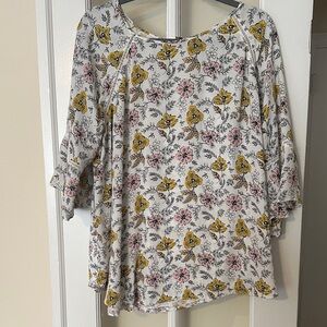 LOFT White Floral Scoop Neck Blouse with Yellow & Pink Flowers